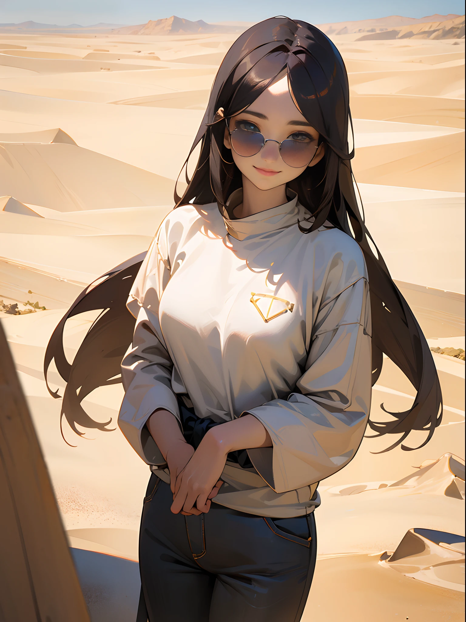 ((Best Quality)), ((Masterpiece)), ((Realistic)), ((Best Quality)), ((Masterpiece)), ((Realistic)), Girl walking in the desert, looking tired, Wearing loose-fitting clothing Long-sleeved shirts and pants, headdress, Sunglasses, very extremely beautiful, in a natural and casual style at eye level, painterly, Masterpiece, (hight resolution), Original, extremely detailed 8K , (Photorealistic:1.4),flawless face, Perfect eyes,symmetrical body shape,Smile,
