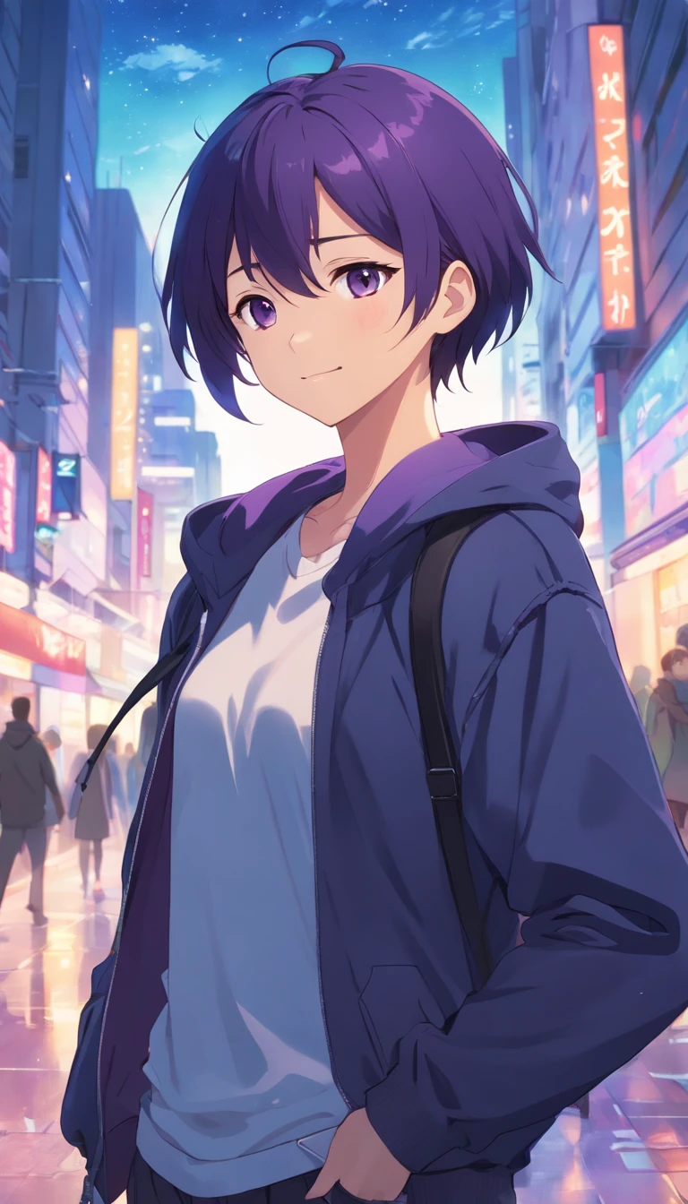 masterpiece、Adults、29yo、twinks、Forehead、30-years old、deep purple hair、Black jacket、Black pants、white t-shirts、Give bangs、Sticking out your forehead、twinks、Eyes drawn in detail、a handsome、Inside the city、starrysky、Mystical light、Dramatic light、Cinematic power、a smile
