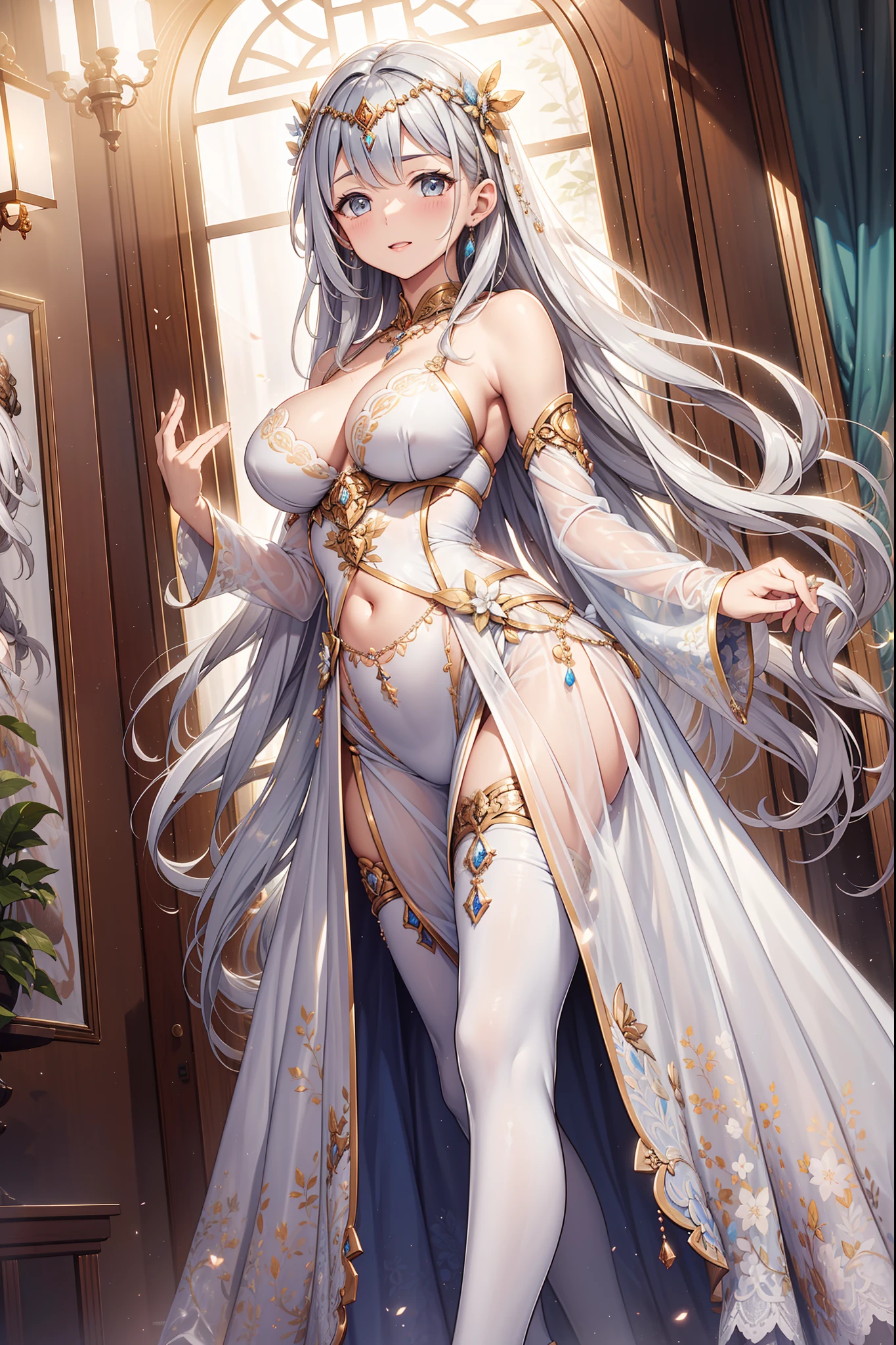(Best quality,4K,8K,A high resolution,Masterpiece:1.2),Ultra-detailed,Beautiful girl,Enchanted,Enchanting,cheerfulness,divino,Magical effect,Silver-white hair,Pale pink wedding dress,Love eyes，Bridal dress,Sophisticated attire,detailed lace,Bedroom,Solitude,during night,lacepantyhose,Sacred stripes,see-through transparent clothes