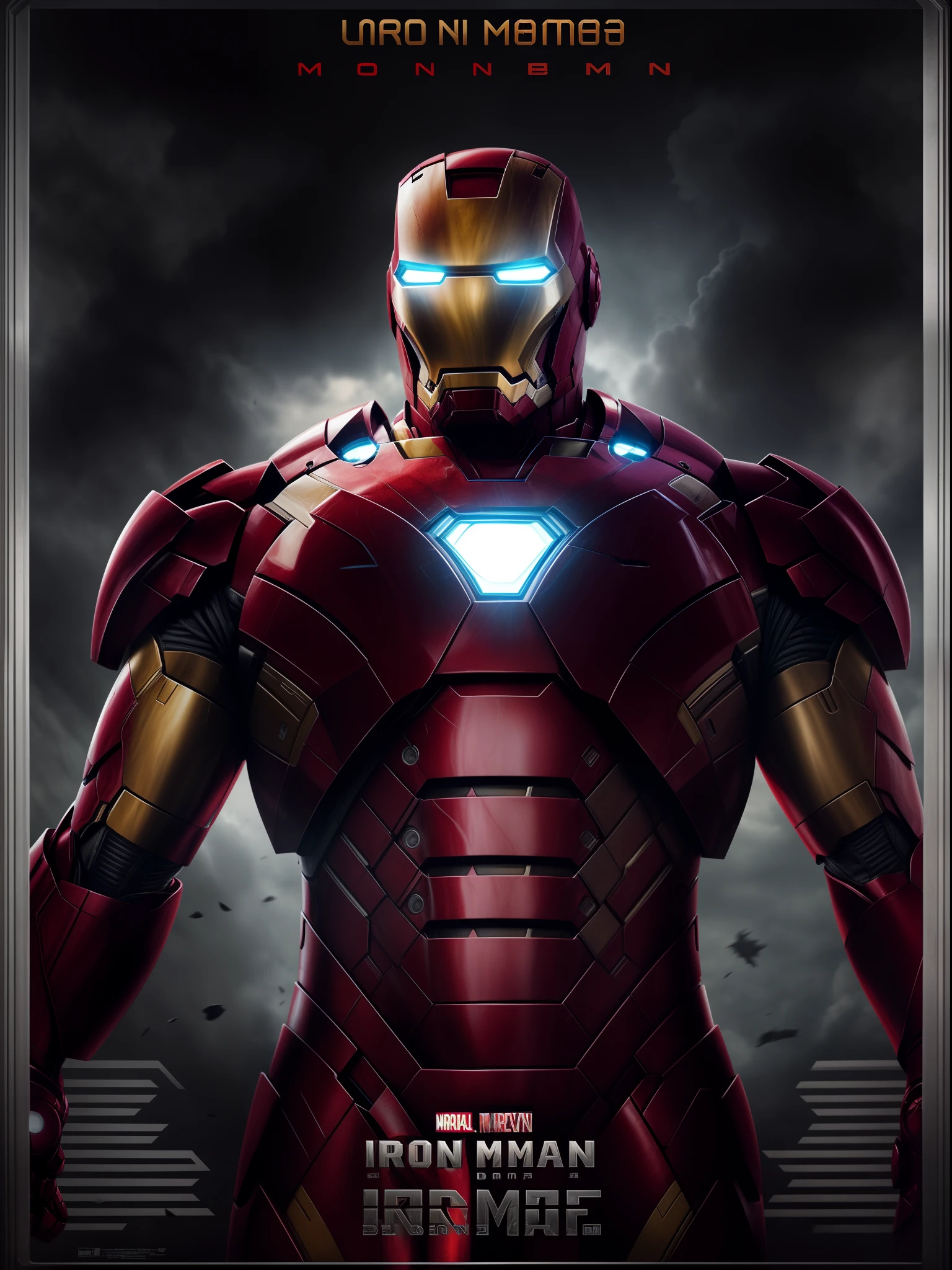 Iron man, movie poster, dark moody settings, best quality, masterpiece collection, 16K resolution, extremely detailed, text as the center object