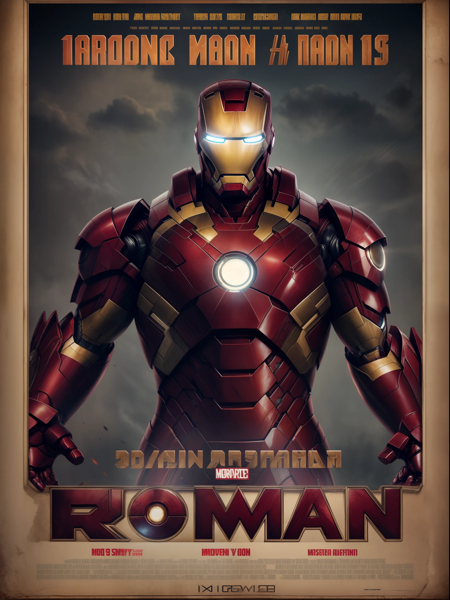 Iron man, movie poster, dark moody settings, best quality, masterpiece collection, 16K resolution, extremely detailed, text as the center object