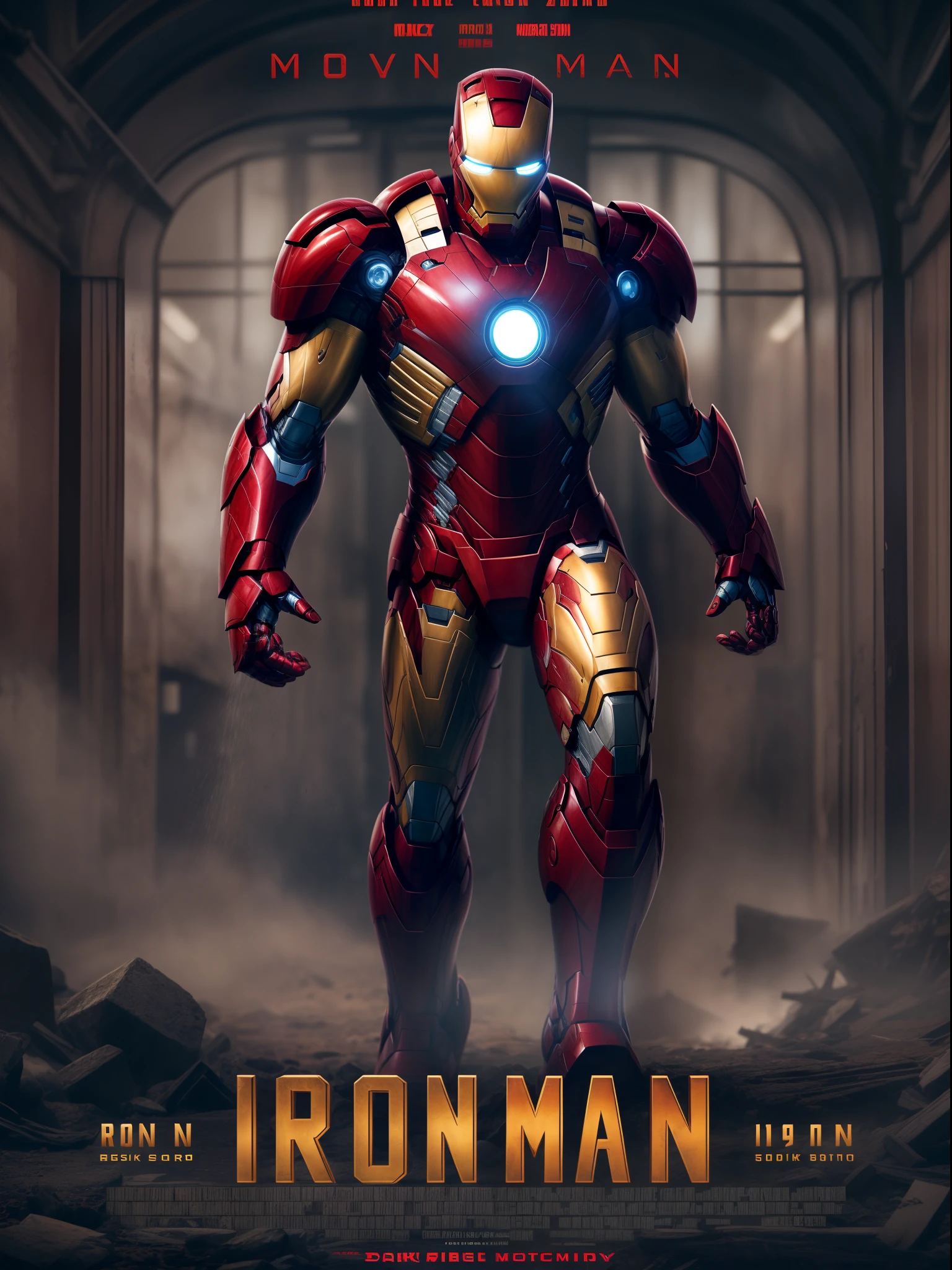 Iron man, movie poster, dark moody settings, best quality, masterpiece collection, 16K resolution, extremely detailed, text as the center object