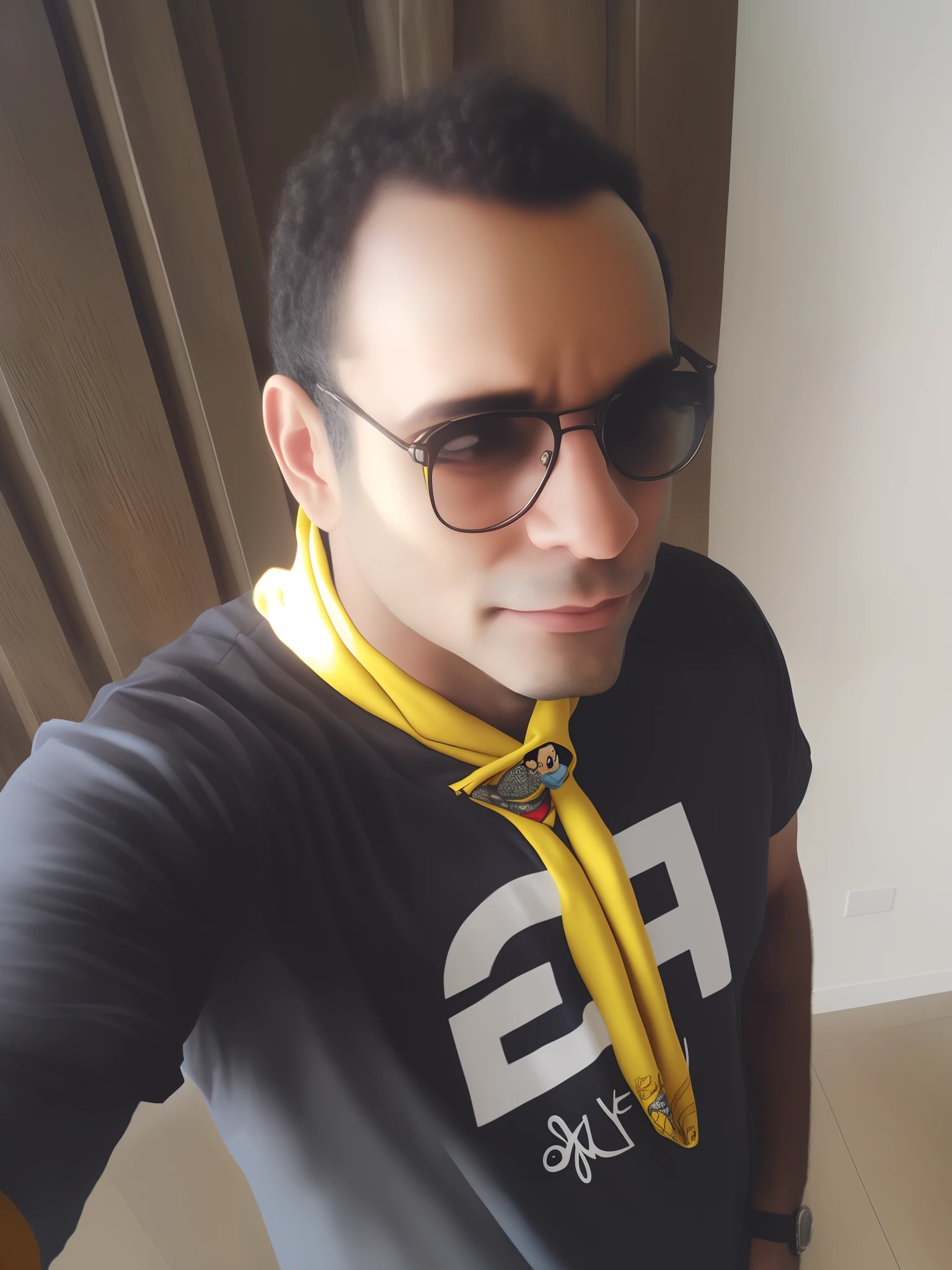 Um homem vestindo uma camisa preta com a escrita PG My Life, wearing a yellow Pathfinder scarf around his neck and wearing glasses. Make it like the picture, turn into a Disney Pixar-style movie cover with the title PG My Life.