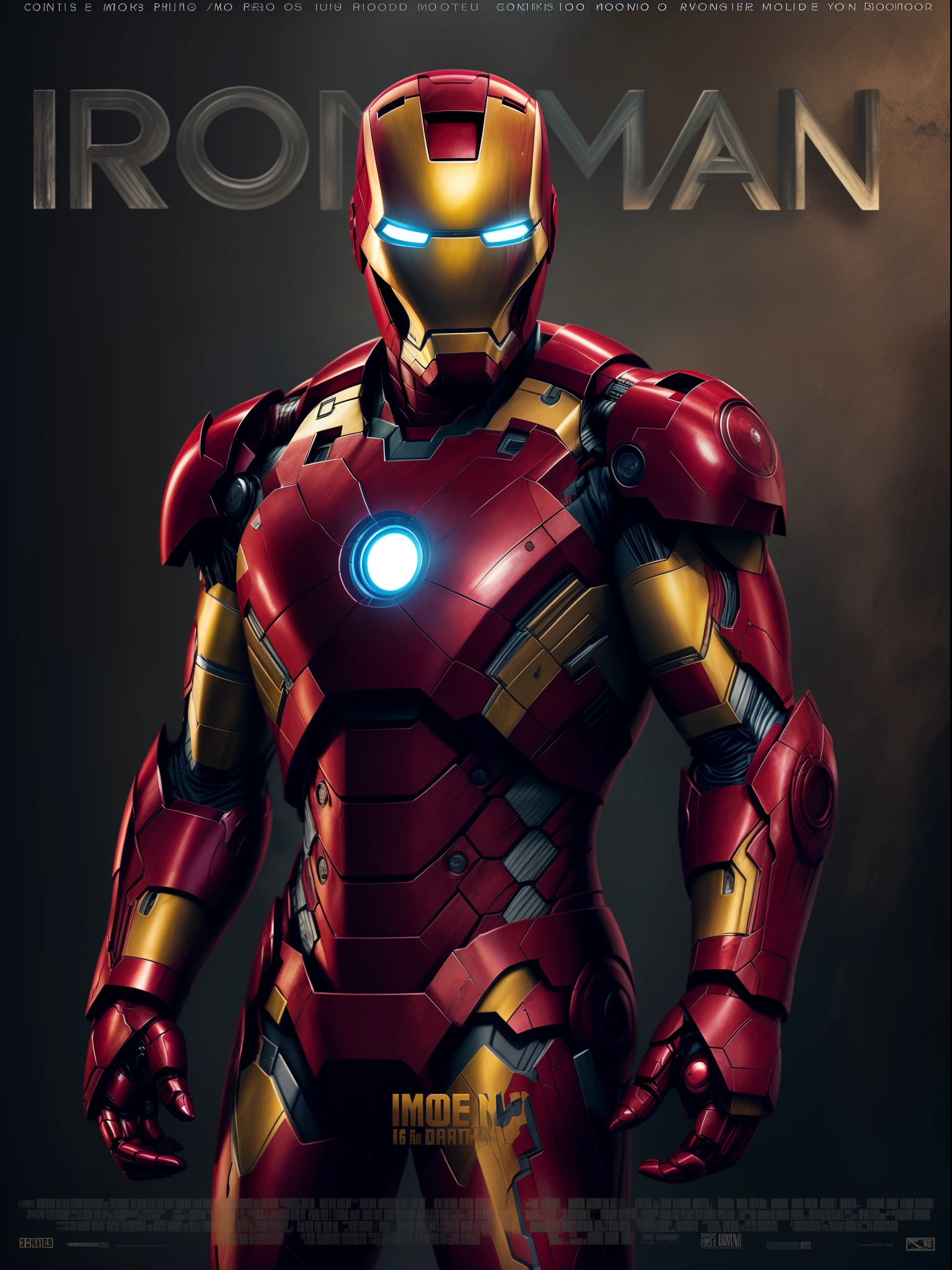 Iron man, movie poster, dark moody settings, best quality, masterpiece collection, 16K resolution, extremely detailed, text as the center object
