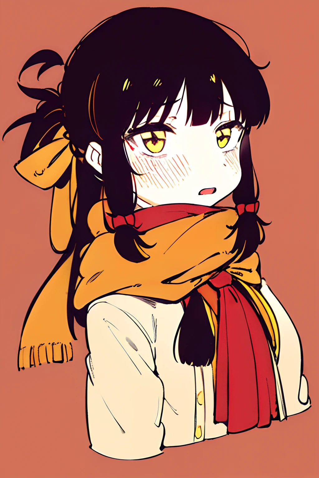 km, 1girl, ascot, blush, bow, brown eyes, brown hair, hair bow, hair tubes, japanese clothes, long hair, mittens, nontraditional miko, one-hour drawing challenge, open mouth, portrait, red bow, red mittens, scarf, sidelocks, simple background, solo, white background, yellow ascot, yellow scarf