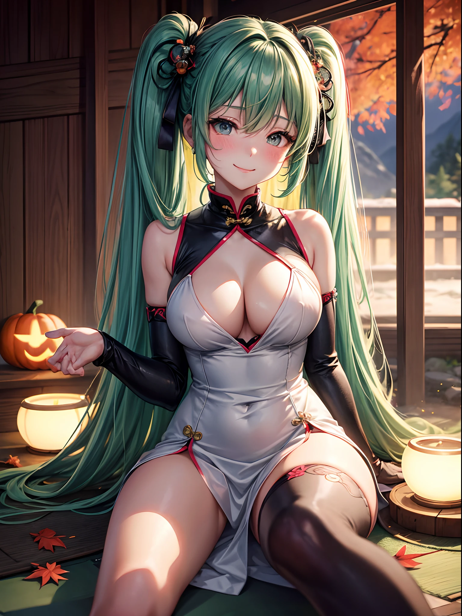 miku hatsune、green colored hair、Twin-tailed、On fallen leaves, Girl sitting on the throne, qipao dress、Wear black knee-high socks、A smile. She spreads her right hand forward. sitting on fallen leaves,,,,,,,,,,,,. The background is vast, Admire breathtaking foliage views. She is a ager, Extremely cute, Close one eye and smile. , Blushing cheeks, ・Forward bending posture. The ground is covered with fallen leaves. She winks with a twinkle in her eye, There is a flashing effect. She looks up with her gaze. hot onsen、Onsen at night、In terms of image quality, It must have the best quality, Requires 4K or 8K resolution, And become a masterpiece. Images need ultra-detailed elements, Be realistic or photorealistic, Has HDR, nffsw, Studio Lighting. Images must be ultra-fine, Sharp focus and physically based rendering. The colors are vivid、The overall tone should be based on the autumn season. Opening the basket、qipao dress、A smile、Eat meat buns、Halloween、Enjoy Chinese food、the kiss、Pumpkin Halloween、Kamimei、cleavage of the breast