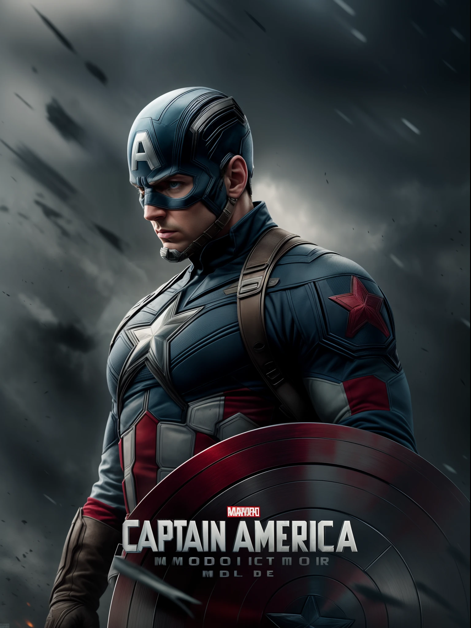 Captain America, movie poster, dark moody settings, best quality, masterpiece collection, 16K resolution, extremely detailed, text as the center object