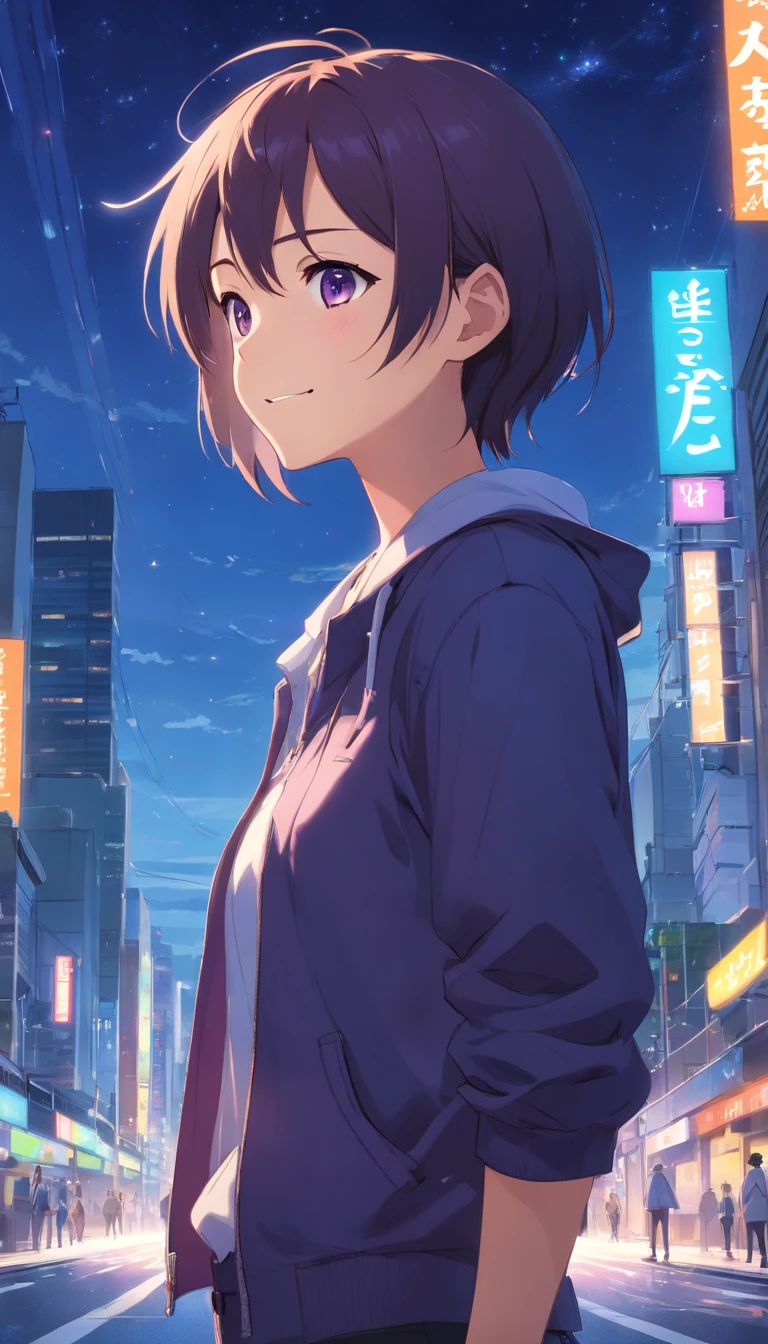 masterpiece、Adults、29yo、twinks、Forehead、30-years old、deep purple hair、Black jacket、Black pants、white t-shirts、Give bangs、Sticking out your forehead、twinks、Eyes drawn in detail、a handsome、Inside the city、starrysky、Mystical light、Dramatic light、Cinematic power、a smile、Facing the front