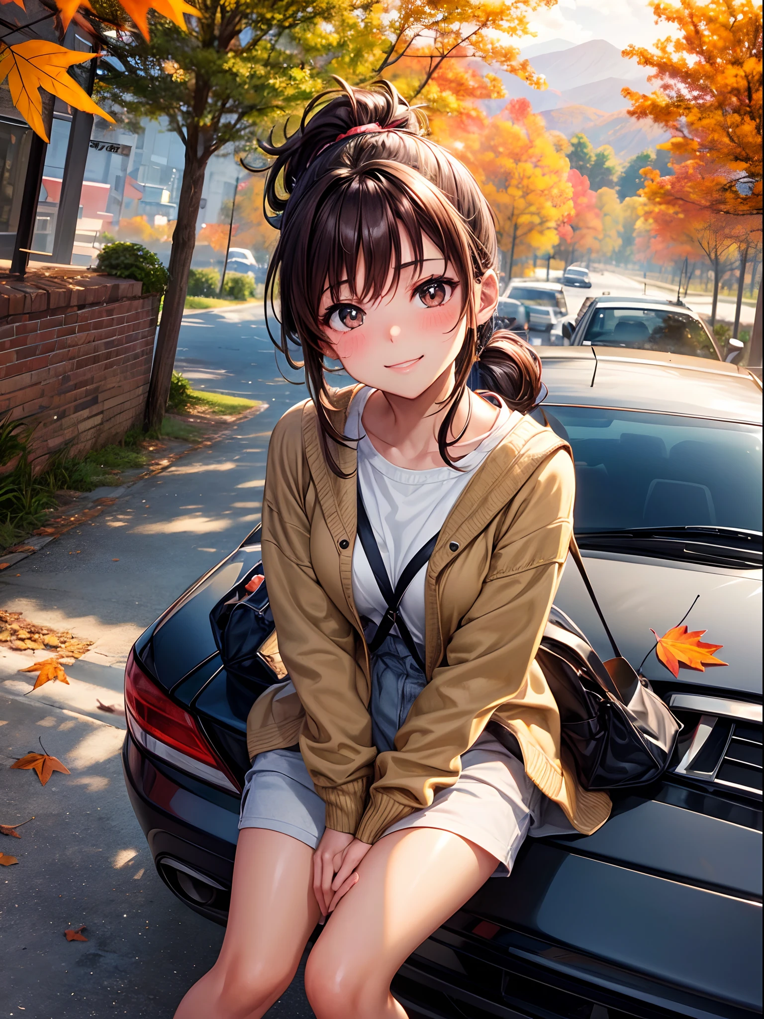 Girl sitting、wariza、(Best Quality,Wide background,Slightly tanned skin,Autumn clothes,Detailed to the knee,Ponytail,Immediately after getting out of the car,Breathtaking views of the vast foliage,A teenage girl,Extremely cute,Close one eye and smile,Brown hair,Blushing,Leaning forward,Falling leaves,winking,flashes,Look up with your gaze)