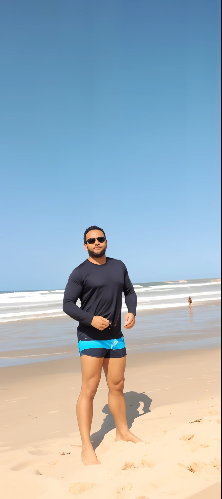 戴墨镜的亚洲男人在beach上行走，40 years old Asian man，Brown sunglasses，White short hair，Looking at the camera，beard，（Floral shirt），Brown skin，Strong body，Body hair，Sweat，Oily skin，Chest muscles，Fat-encapsulated muscle，Big nipples，chest hair，Mermaid Line，Black rubber pants，（There is a huge outline of a king oyster mushroom in the pants），Leg hair，Anatomically correct limbs，full-body shot，Fine skin texture，beach，Blue sky background，Calm sea background，Soft Light，Low contrast image，Highest quality，4k picture quality，