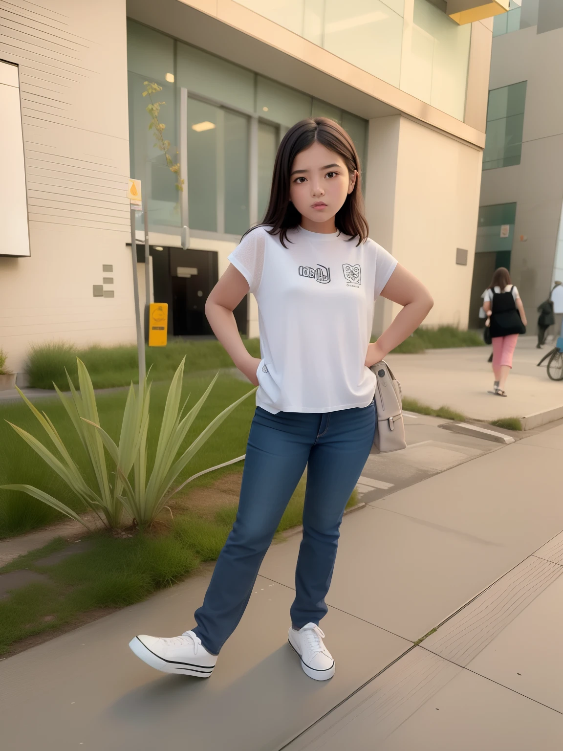 Girl standing on a sidewalk in front of a building, standing in a city street, standing in a city center, standing in the street, standing in street, wearing pants and a t-shirt, kawaii shirt and jeans, standing in the streets, Girl standing, by Amelia Peláez, Directed by: Nandor Soldier, imagem empilhada