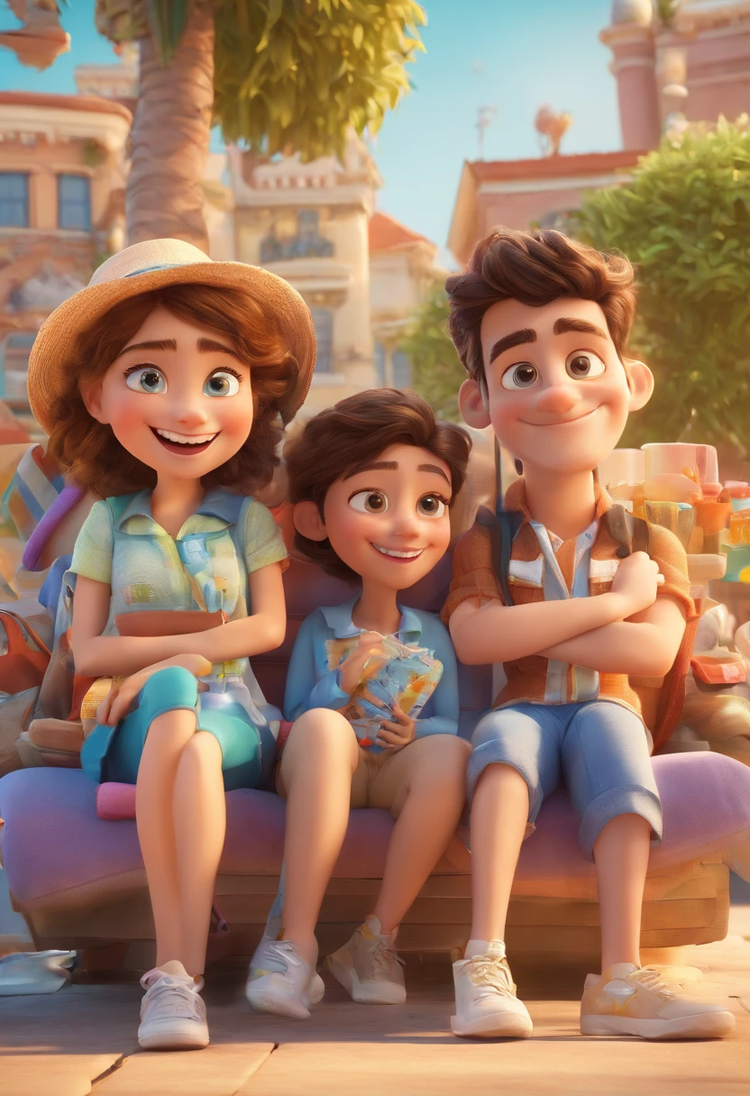 Cartoon of friends having fun on vacation together, 3D Animation Movie Poster, Poster de filme animado, pixar 3 d animation style, pixar renderman rendering, maia 8 mil, animated film, Disney Pixar Estilo 3D, amigos felizes saem juntos, all wearing light blue shirts and cream brown long pants, camisa azul clara, cream brown pants, ao ar livre, vacation, Disney Pixar Animation Poster
