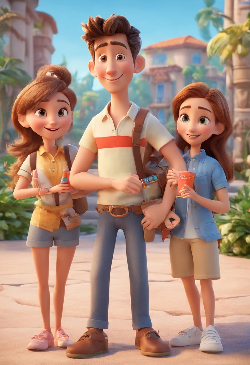 Cartoon of friends having fun on vacation together, 3D Animation Movie Poster, Poster de filme animado, pixar 3 d animation style, pixar renderman rendering, maia 8 mil, animated film, Disney Pixar Estilo 3D, amigos felizes saem juntos, all wearing light blue shirts and cream brown long pants, camisa azul clara, cream brown pants, ao ar livre, vacation, Disney Pixar Animation Poster