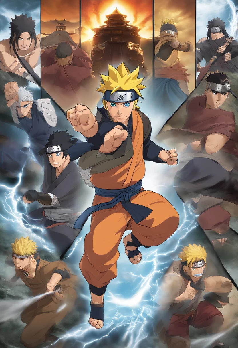 (best quality,4k,8k,highres,masterpiece:1.2),ultra-detailed,(realistic,photorealistic,photo-realistic:1.37),Naruto,anime,action-packed,energetic,explosive,adventure,colorful,bright,expressive,dynamic,fierce,battle,shinobi team,magic powers,vivid colors, ninja skills, iconic characters,hidden villages,epic battles,monstrous creatures,stunning landscapes,clashing jutsus, dramatic poses, intense emotions, powerful transformations,courageous heroes,deadly villains, legendary Hokage, ninjutsu, kunai, shuriken, chakra control, rasengan, sharingan, rasengan-filled punch, susanoo, hidden leaf village, training grounds,hidden mist village, fiery explosions,cosmic backgrounds, fierce rivals,rivalry between Naruto and Sasuke,teammate bonds, unbreakable friendships,master and student relationships,sage mode, energetic fight scenes, thunderous roars, flashy lightning, bright fireballs, raging waterfalls,whirlwind of attacks,expressive eyes, determined faces,protecting loved ones,destiny of a hero,prophecy, coming-of-age journey.