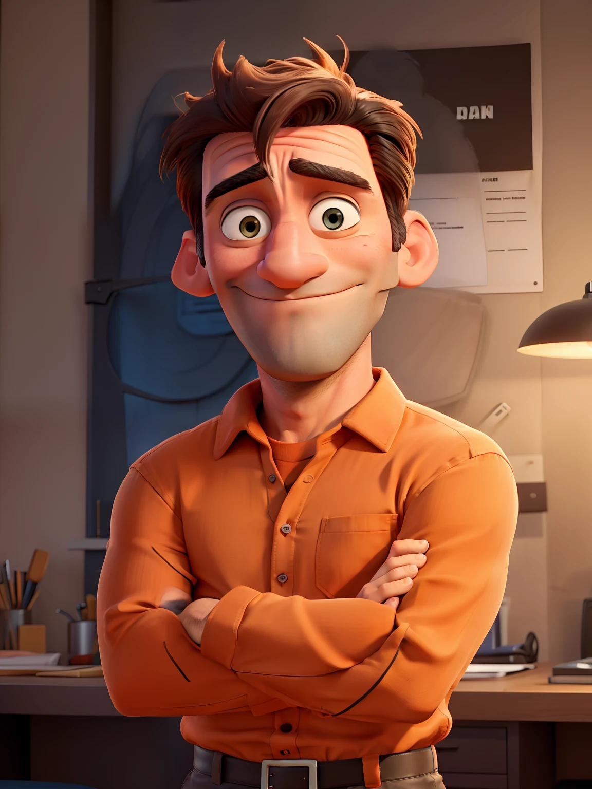 Jon Hamm, Cartoons in orange shirt and black pants, arms crossed, olhando para frente e sorrindo com os dentes aparecendo;