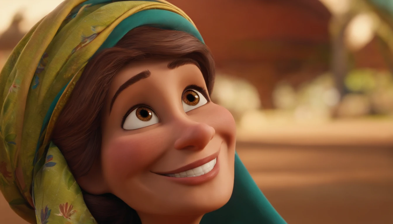 Mulher de 50 anos, cabelos grisalhos, with headscarf, with sympathetic face, sorriso encantador, feliz, vendedora, sem fundo na imagem, estilo Pixar.