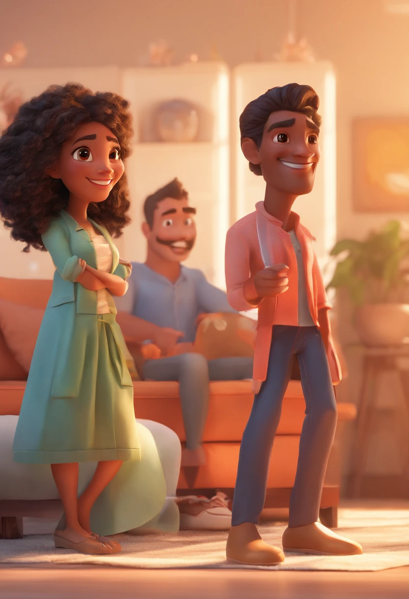 An illustration of an adorable couple, Spotlight on a muscular man and a woman with beautiful expressive green eyes - the man's skin is brown, o cabelo preto e cacheado, os olhos pretos, while the woman's skin is white, os cabelos sao loiros e longos. They are a bright room, cada um com um sorriso no rosto, e compartilhar um momento especial caracterizado pelo amor, Insights. Illustrate this scene from a perspective where they are facing the camera, Smiling and Showing Your Connection. Desenvolva esta arte em Full HD, Focus on your cinematic touch, Estilo Disney Pixar Animations