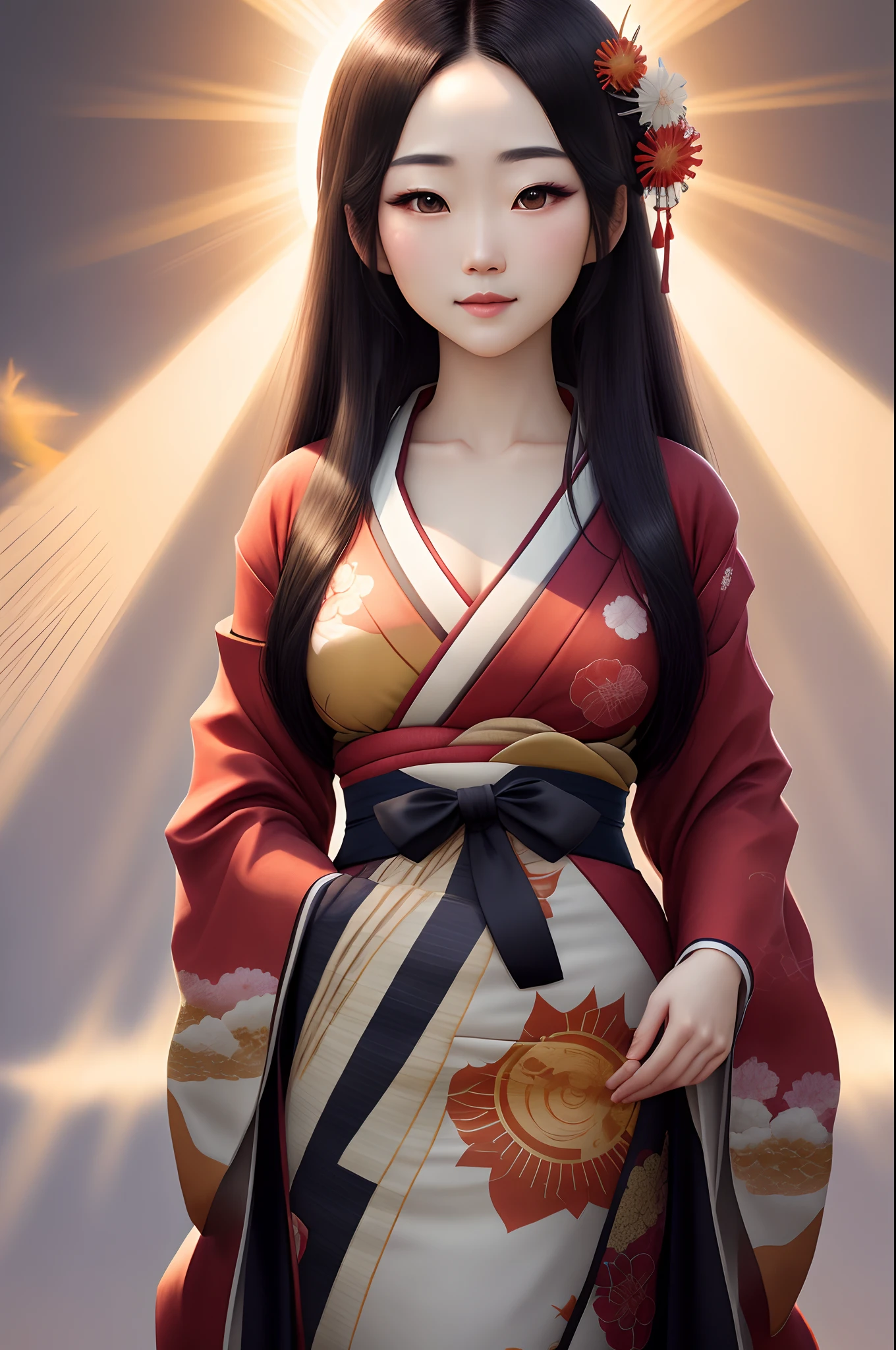 Generate a beautiful portrait of Amaterasu。Portraits in high resolution、Please realistically express the female image of Amaterasu.。She wears a kimono、Must be depicted with dignity as a sun goddess。Hair is black、Flowing and graceful、、His eyes shine with knowledge and clarity。Portrait backgrounds are brighter、Describe it as if you are surrounded by the rays of the sun。