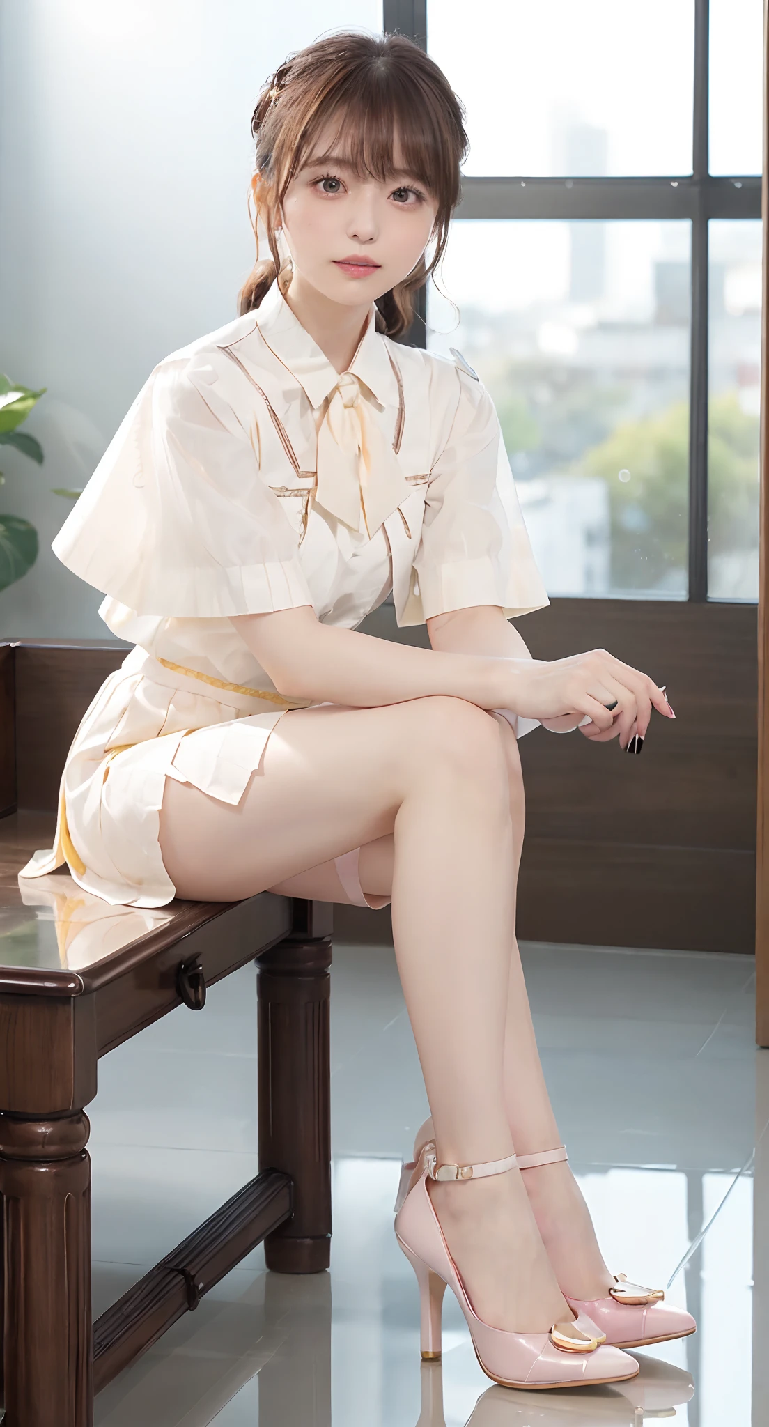 (((Back arch、Receiving documents、NSFW,Mouth ajar))),(((((NSFW、shortsleeves、flered skirt、high-heels、raise her legs))))),((In the office、In the company、In the reception room、frombelow))、masutepiece, 1girl in, best qualtiy, Ultra Detail, (shiny), (Small)、(((with blush cheeks,))),Ray tracing,Perfect Lighting, (milky skin:1.2),reflection, up looking_で_viewer, blush, bow ribbon, Medium Curl Hair、yellow_Eyes, White choker, Low_Twin-tailed、Japan's cutest 28-year-old beautiful girl、Small ribbons in the hair、(NSFW:0.8)、Low heel contrast、Contrast Legs、Contrasting eyes