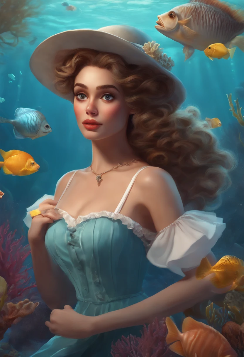 (best quality,realistic,highres:1.2),ultra-detailed,portraits,character design,human,illustration,(pixar-style:1.1),long curly hair,brunette woman,(big expressive eyes:1.1),beautiful detailed lips,(flowy dress with ruffles:1.1),(apron:1.1),(scarf:1.1),(wide-brimmed hat:1.1),picking seashells underwater,fish swimming around,fintails,coral reef,colorful marine life,vibrant underwater scenery.