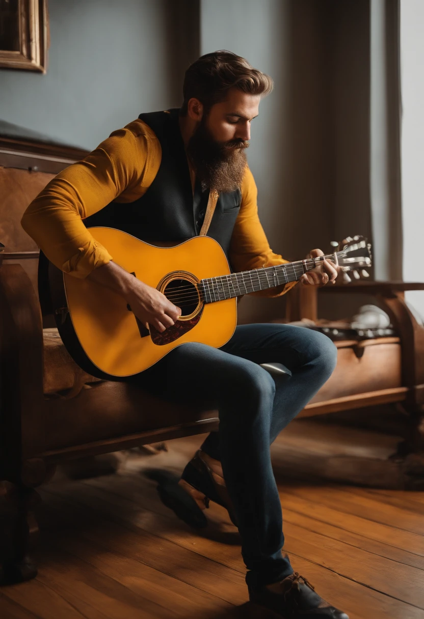 A sexy naked British man with slightly cruly black hair sitting and (holding a acoustic guitar in playing music position 1.2), evening time , sharp focus,nsfw,homoerotic,(focus on the man more than surrounding),detailed face and expression, beautiful eyes,short beard,nsfw, penis,(both hands in guitar )