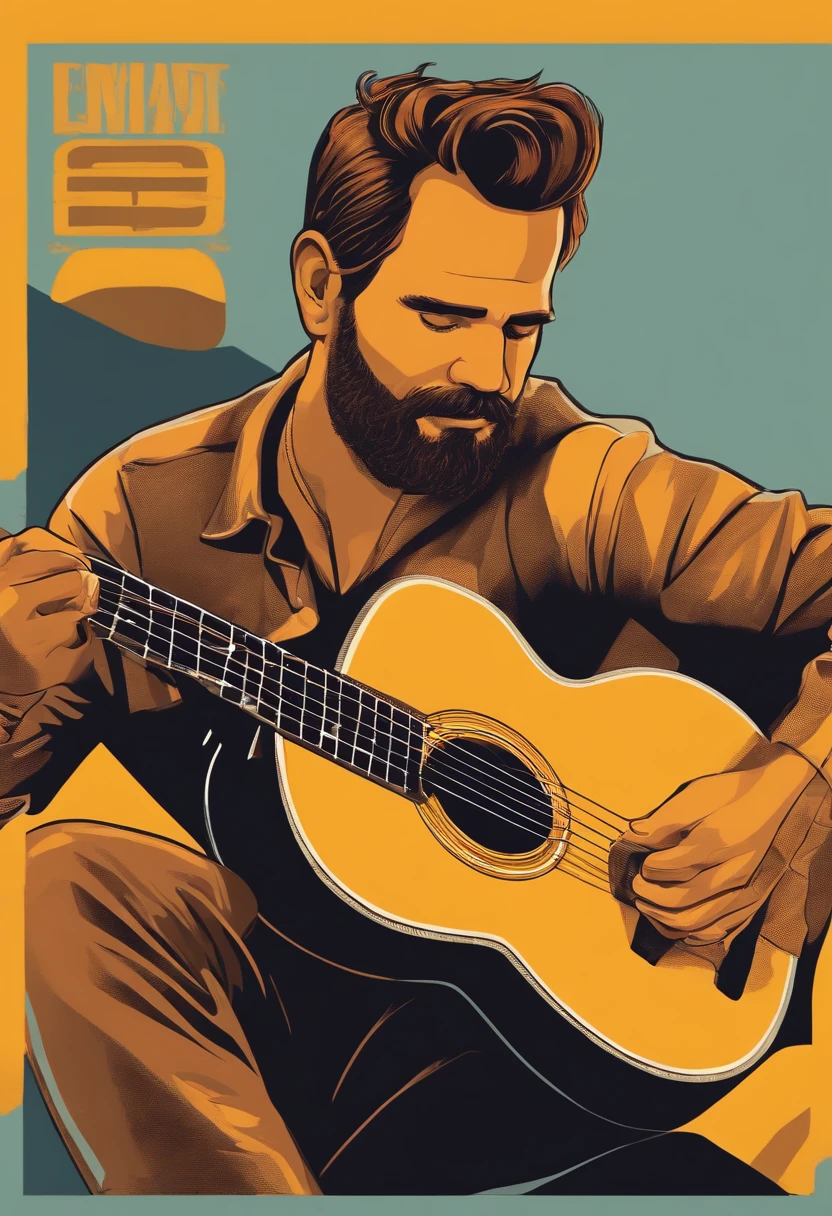 Estilo capa da pixar, homem de frente, com 30 anos, com barba estilo lenhador, cabelo cortado estilo low fade, castanhos, olhos castanhos, sombrancelha grossa, camiseta preta, Playing left-handed guitar, Yellow Folk Guitar, Nike sneakers.