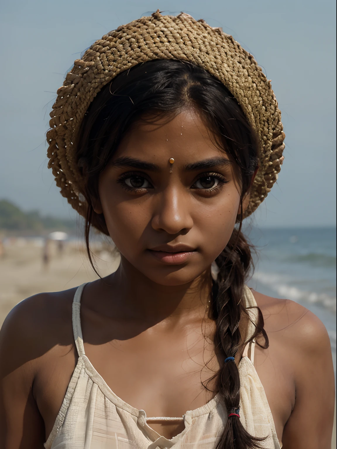 1girl, (flat chest), brown skin, (very small straight nose:1.1), big eyes, black eyes, clothes, Indian, (realistic, highly detailed, masterpiece, best quality:1.3), Beach background, portrait