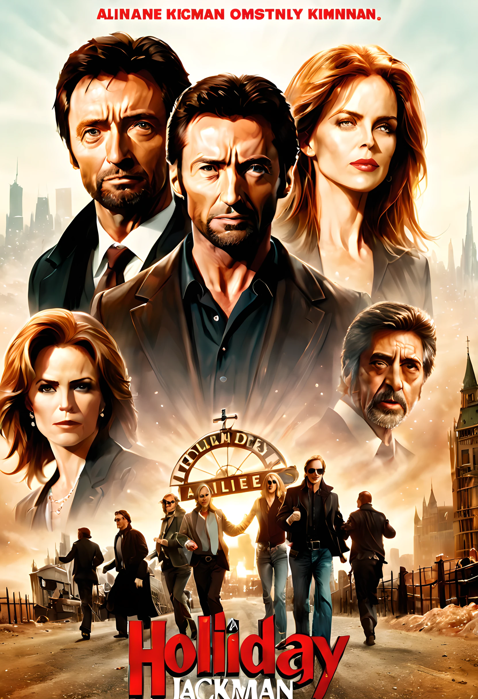 (The movie poster of holliday family movie:1.5), (movie poster style illustration:1.5), (movie title:1.5), (logo:1.5), (sproncer's logo:1.5), (texe:1.5), ((text:2)), (title:1.5), (Movie of Hugh Jackman:1.5), (starring Al Pacino, Nicole Kidman, and Brad Pitt:1.5),