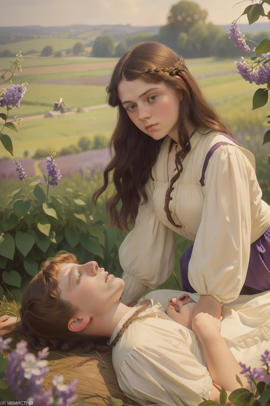 year: 1860. Location: Rock Island, Illinois. Pre-Raphaelite (((-yeld Gee MacKay))), laying down, with a girl, in a lilacs field, laugthing, ((flat lay)), ((((rural Clothing from the 1860s)))) ((Hairstyle of the 1860s)), ((("OMITB" cinematography)))