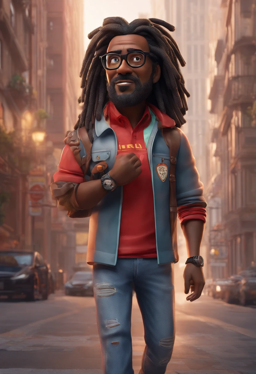 Pixar-inspired 3d poster capturing a scene with a 38-year-old dark-skinned Indian man with dreadlocks on his head, wearing glasses with a transparent rim, wearing a Benfica football shirt, 1.80 cm tall, with tight jeans, athletic build, walking down a street with high buildings
