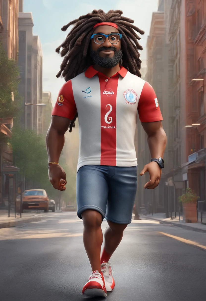 Pixar-inspired 3d poster capturing a scene with a 38-year-old dark-skinned Indian man with dreadlocks on his head, wearing glasses with a transparent rim, wearing a Benfica football shirt, 1.80 cm tall, with tight jeans, athletic build, walking down a street with high buildings
