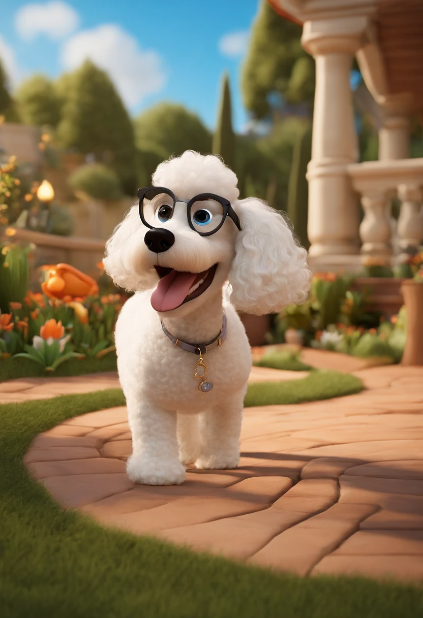Create a Disney PIXAR-style 3D poster. ((centro da imagem, casal)), ((1 cachorro vira lata na cor bege do lado esquerdo, um poodle branco e um golden retreiver pequeno do lado direito, O homem tem pele castanha e cabelos castanhos escuros e olhos castanhos escuros do tamanho curto, 1 mulher tem pele clara, olhos e cabelos brancos e lisos curto, She wears glasses looking like a teacher)) ((tudo isso no estilo Disney PIXAR 3D, In the background, uma casa de fazenda, Gloria Studio, The garden is full of nature 3D render RTX clay material, estilo de design cartunesco, POP Mart, soft lighting, linhas suaves, Spring tilt, Detailed illustrations of PIXAR 3D, Detalhes hiper-realistas, cor quente no estilo Disney PIXAR 3D))