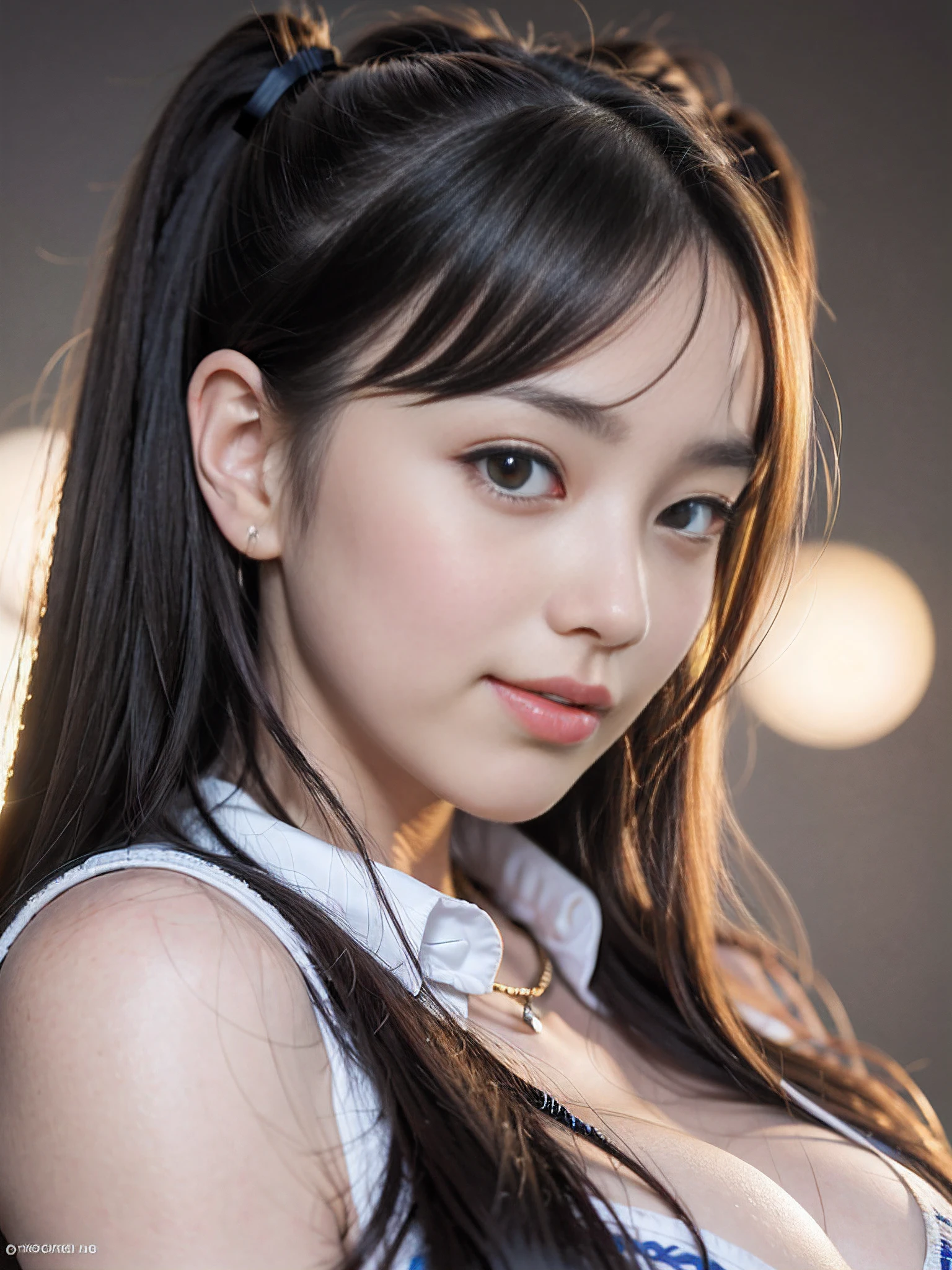 (Raw photo: 1.2), top-quality,Beautiful detailed girl,in school uniform,Transparency of milk,Milk transparency, Smile, Young woman with dark hair, twin-tail hair, Highly detailed eyes and face, Beautiful detailed eyes,with round face,japanes,goddess of Japan,Huge file size, High resolution, High resolution, 8K, Fine detail, Highly detailed ticker uniform 8K wallpaper, Light on Face, Movie Lighting, 16 year old girl, Sexy Pose, (Photorealism: 1.4), Illustration,surrealism,From below, Super Detail, masutepiece,in poolside,Colossal tits,Blur the background