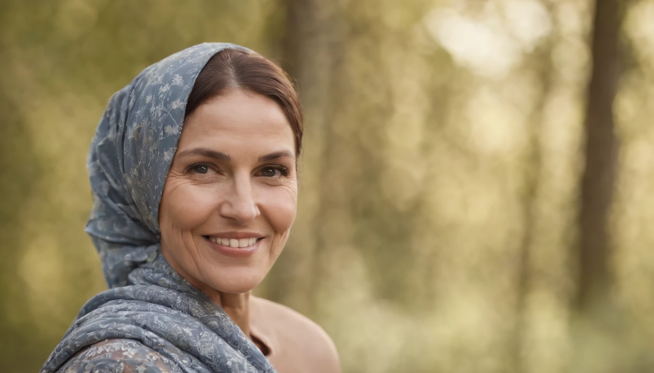 Mulher de 50 anos, cabelos grisalhos, with headscarf, with sympathetic face, sorriso encantador, feliz, sem fundo na imagem, estilo Pixar.