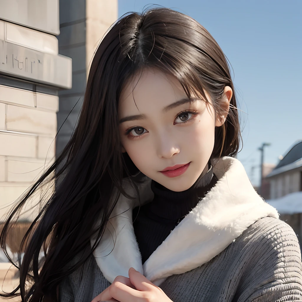 girl with, a beauty girl,((Matte skin))、The wind is blowing、Well-formed face、14years、8Head and body、a small face、A slender、Very skinny、skinny、tiny chest,Model body type、Beautiful black hair with luster、Backgrounds that look like real photos、Embarrassed face、Book cover、Girls who do their best to be fashionable、miscievous smile、Winter Outfit、Emphasis on the chest