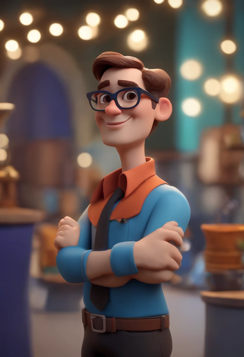 Cartoon character of a man wearing black glasses and a blue shirt, um personagem animado, Caractere estilizado, animation style rendering, 3D estilizado, Arnold Maya render, 3 d render stylized, toon render keyshot, Personagem 3D, Personagem 3D, 3d rendering stylized, 3 d character render, personagem de desenho animado, Personagem de close up, Pose de personagem, (Estilo Pixar) (master part:1.2) (Bokeh) (best quality) (pele detalhada) (textura detalhada) (8k) (argila) (Cinematic lighting) (foco nítido，Senta e vaza a parte superior do corpo