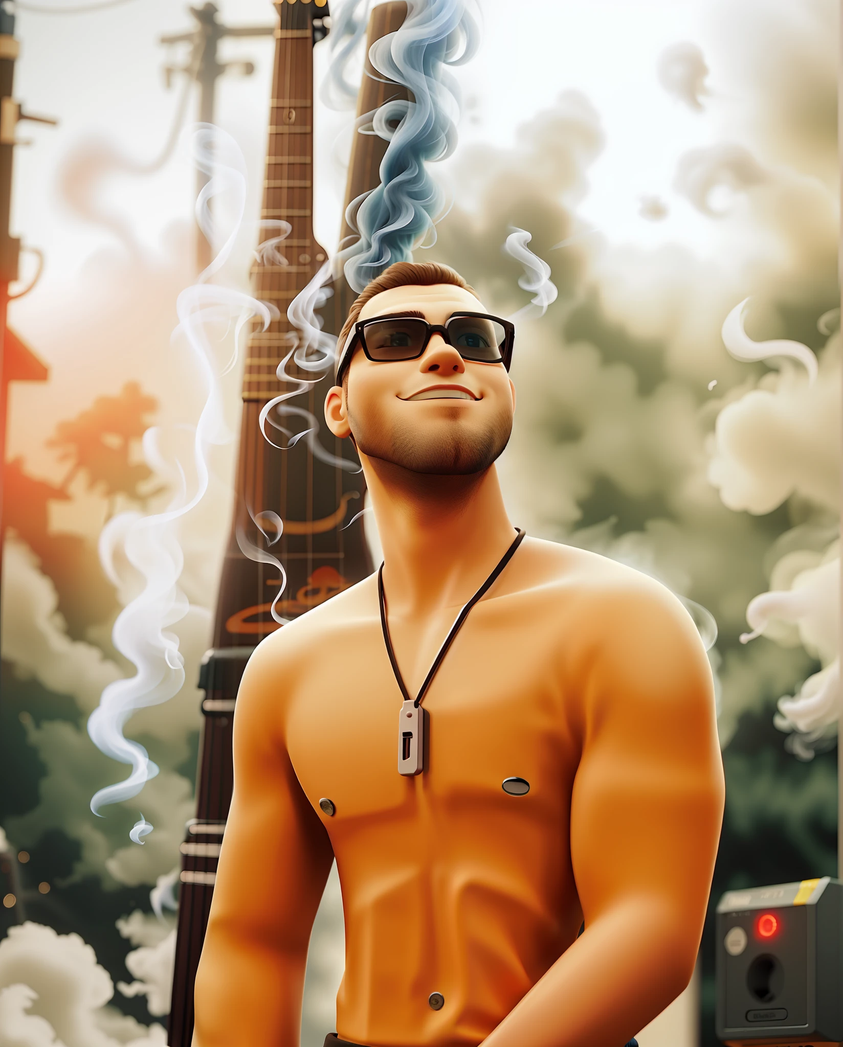 Electric guitar background and smoke, cabelo curto