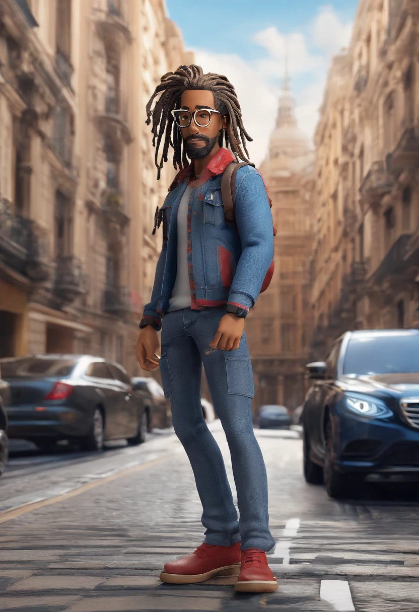 3d poster inspired by pixar capturing a scene with a 38 year old man, light skinned, with dreadlocks on his head, wearing glasses with a transparent rim, wearing a Benfica football shirt, 1.80 cm tall, with tight jeans, athletic build, walking down a street with high buildings