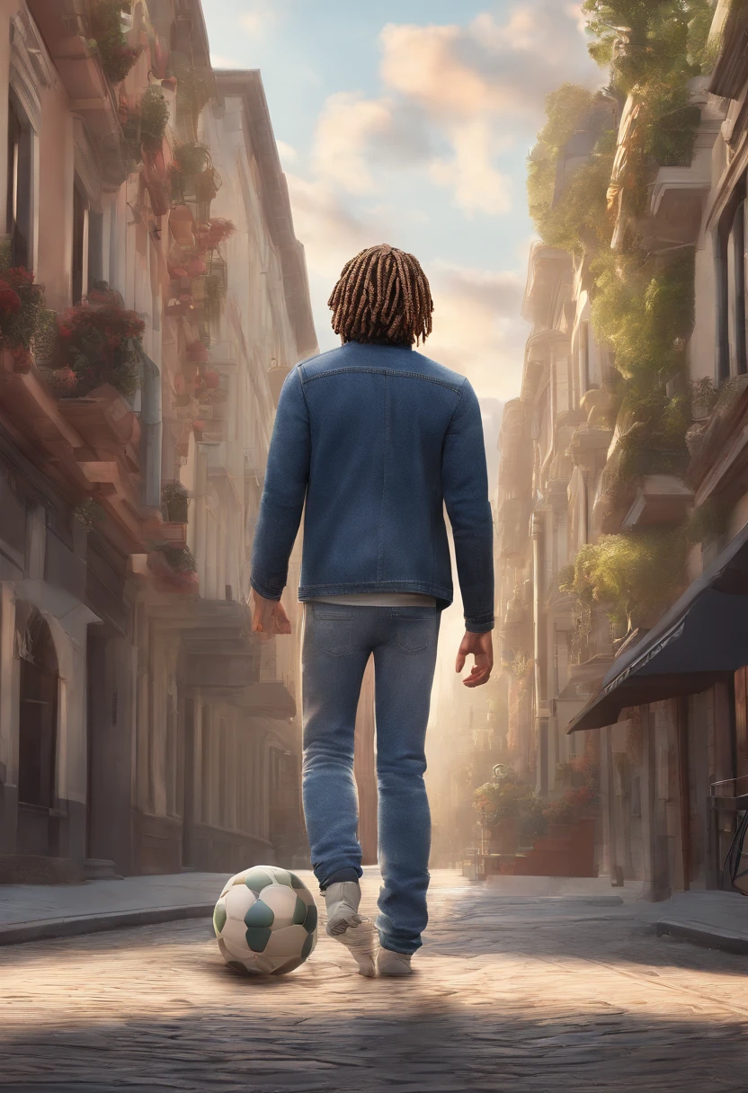 3d poster inspired by pixar capturing a scene with a 38 year old man, light skinned, with dreadlocks on his head, wearing glasses with a transparent rim, wearing a Benfica football shirt, 1.80 cm tall, with tight jeans, athletic build, walking down a street with high buildings