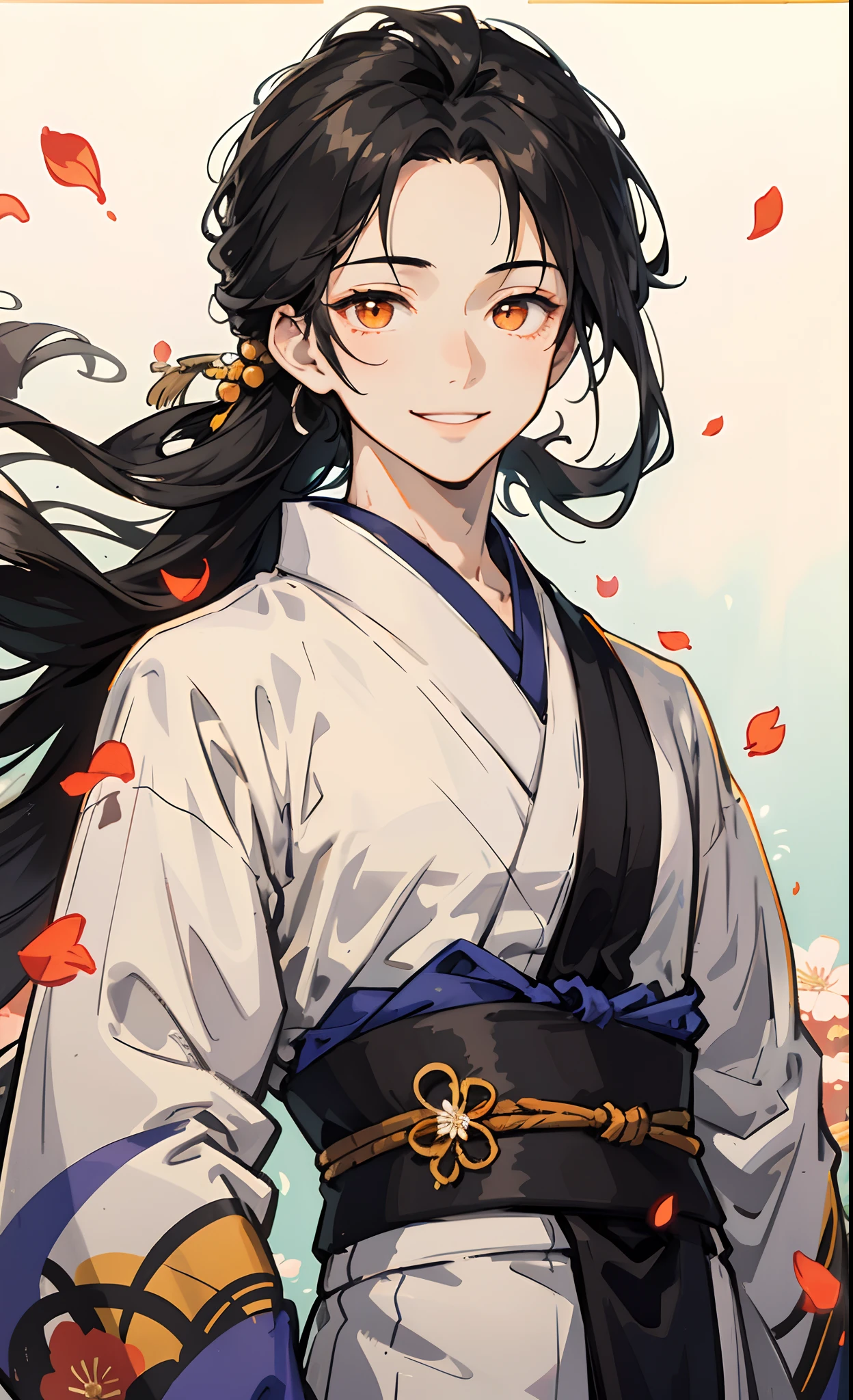 male, youth, black hair, tied back, orange eyes, tall, silver and petiole kimono, bright background, petals fluttering, smiling innocently, two-dimensional beautiful boy