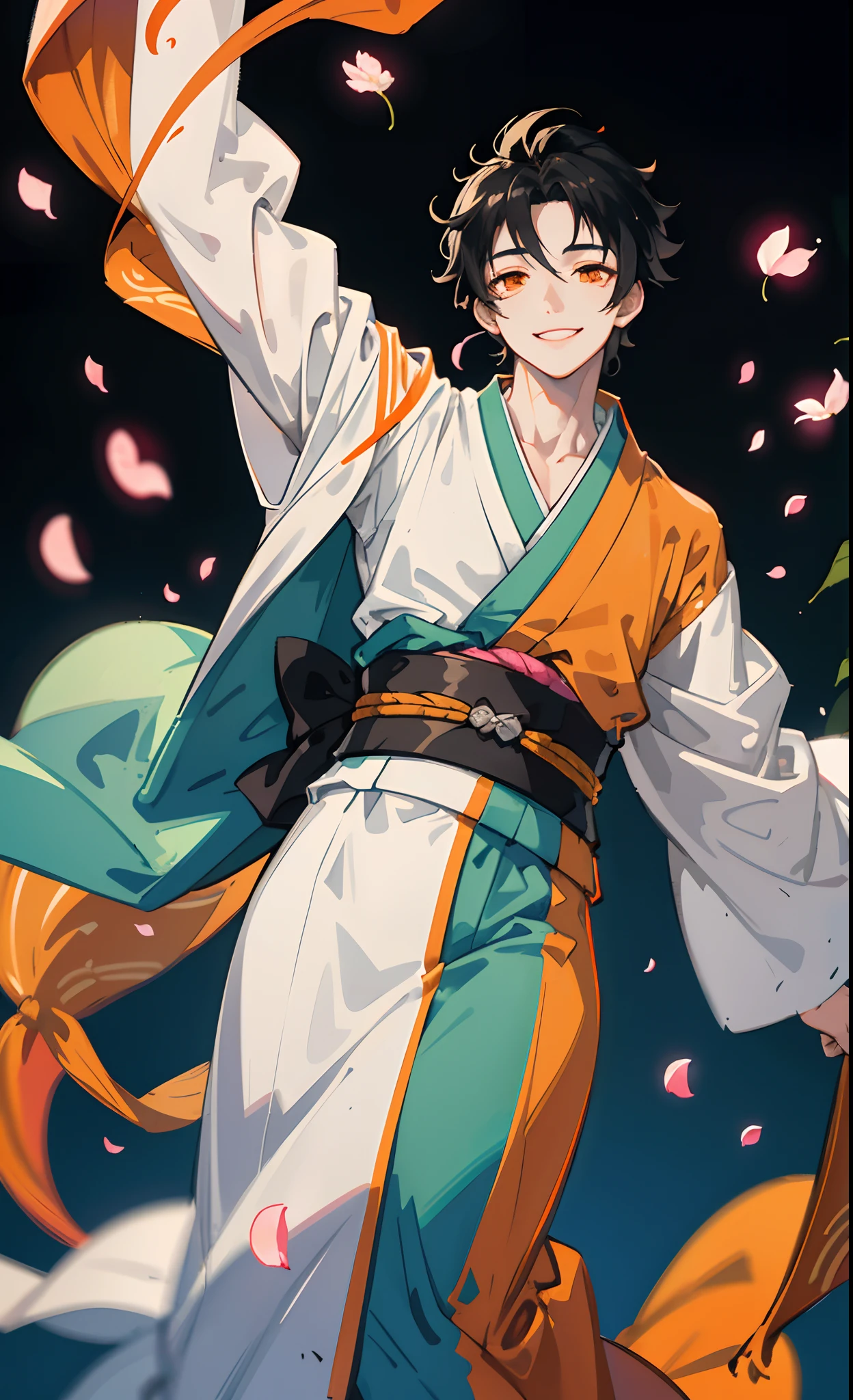 male, youth, black hair, tied back, orange eyes, tall, silver and petiole kimono, bright background, petals fluttering, smiling innocently, two-dimensional beautiful boy
