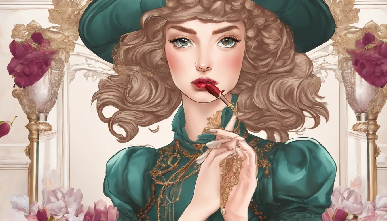 A girl with a Renaissance-style is applying lipstick.