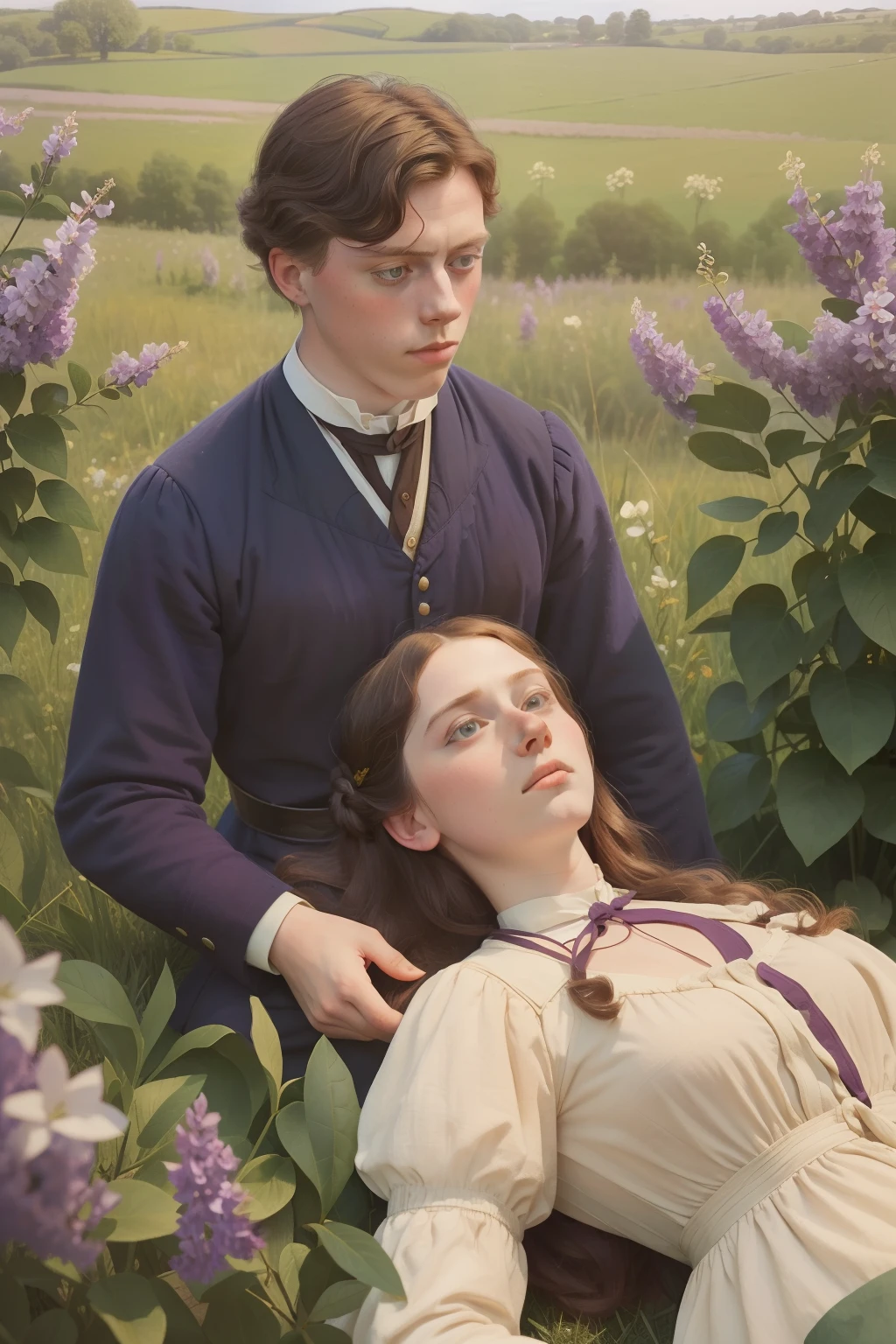 year: 1860. Location: Rock Island, Illinois. Pre-Raphaelite (((-yeld Gee MacKay))), laying down, with a girl, in a lilacs field, laugthing, ((flat lay)), ((((rural Clothing from the 1860s)))) ((Hairstyle of the 1860s)), ((("OMITB" cinematography)))