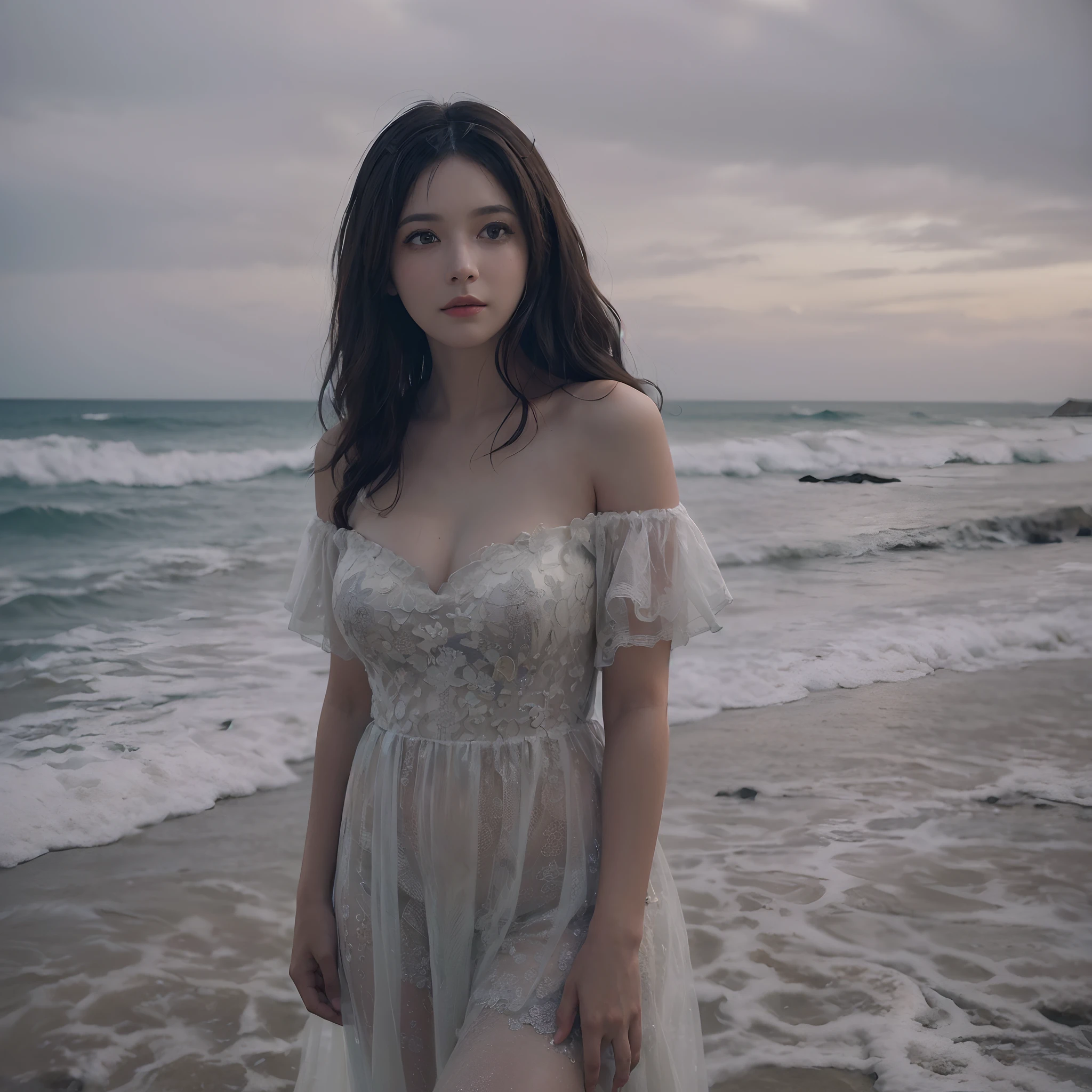 Woman in white dress standing on beach next to sea, photo of slim girl model, Beautiful girl model, long-one-piece dress, A flowing dress, thin waist, Beautiful Model Girl, low cut dress, sexy dress, with a thin waist, Beautiful Asian Girl, Gorgeous young Korean woman, beautiful Korean women, tall thin beautiful goddess, a stunning young ethereal figure