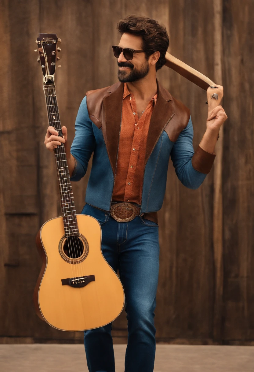 crie um banner no estilo Pixar. Um homem de aproximadamente 30 anos, cabelos e olhos castanhos, cabelo com topete, barba estilo lenhador, moreno pardo com cabelos curtos, sombrancelha grossa, usando uma camiseta, Wearing jeans and holding a folk guitar.