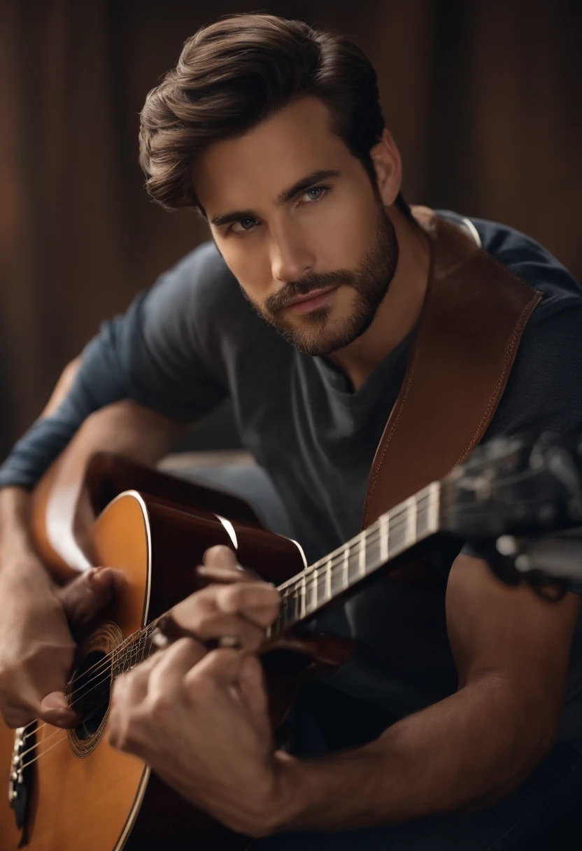 crie um banner no estilo Pixar. Um homem de aproximadamente 30 anos, cabelos e olhos castanhos, cabelo com topete, barba estilo lenhador, moreno pardo com cabelos curtos, sombrancelha grossa, usando uma camiseta, Wearing jeans and holding a folk guitar.