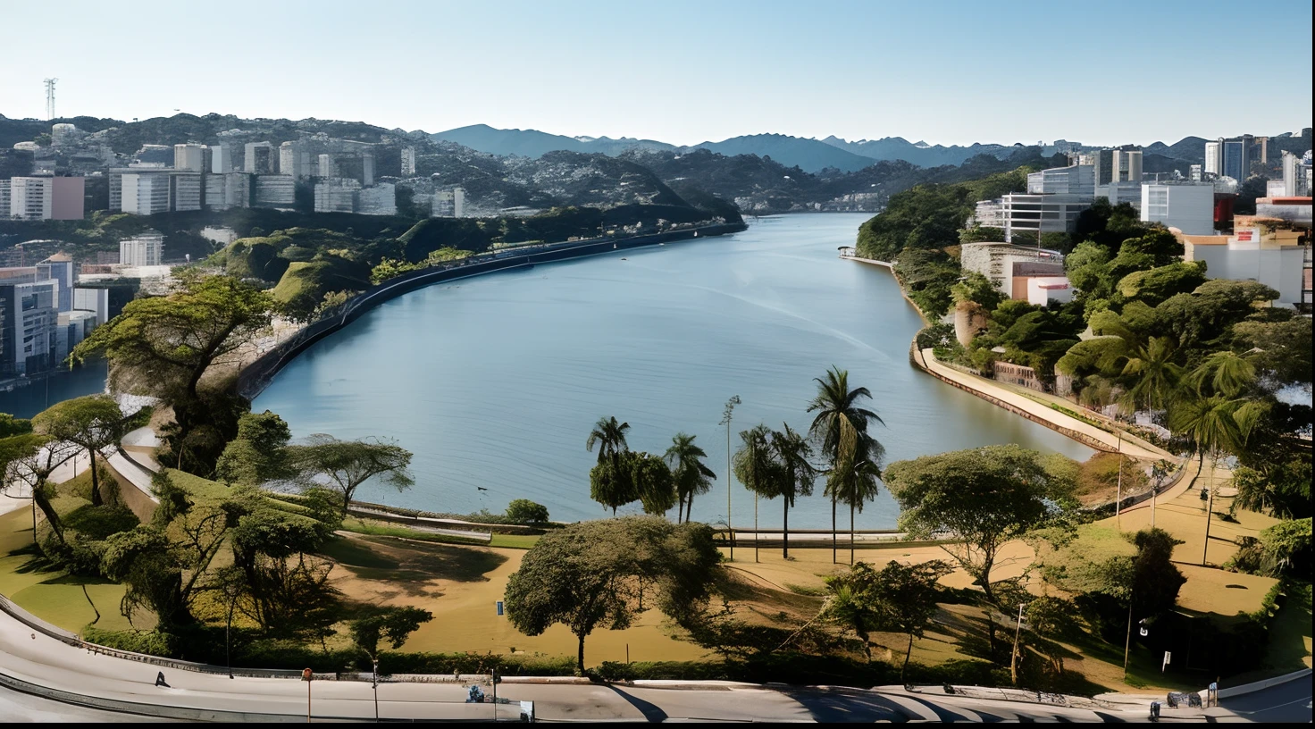 Vista Arafed de uma cidade com um lago e uma estrada, by Rodolfo Amoedo, Directed by: Felipe Seade, Rio Grande Angular, Directed by: Herbert MacNair, Directed by: Nandor Soldier, Porto Rico, tourist destination, Directed by: Luis Miranda, Riverside, Directed by: Manuel Franquelo, vista para o lago, Directed by: Felix Arauz, rio de janeiro