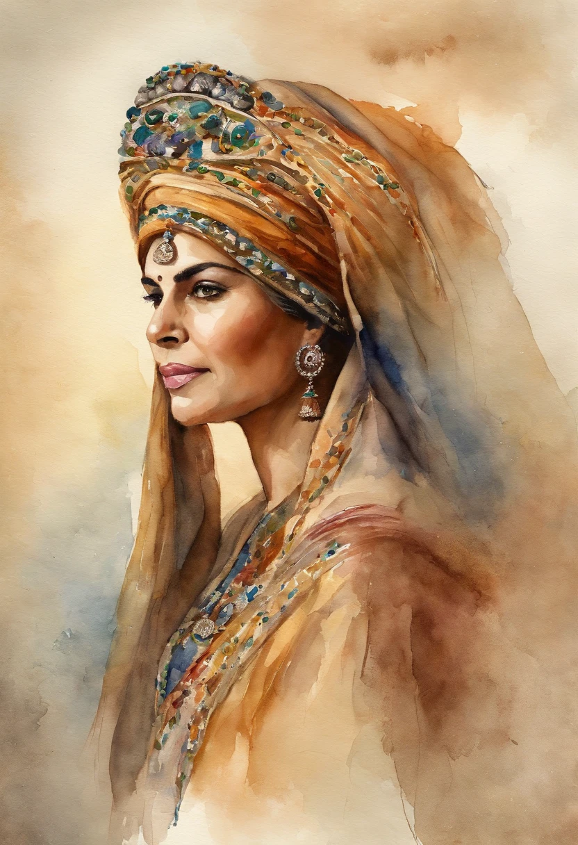 Watercolor painting of a beautiful Persian mom with headdress on her head : : trending on ArtStation: : Simple composition creates a sense of order and harmony. A pintura reflete as qualidades espirituais do mundo natural. --up luz --ar 9:16