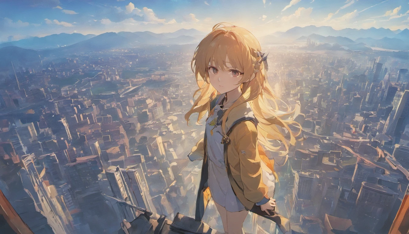 Masterpiece, Superior quality,CG, A girl stands on the edge of a cliff，long whitr hair，white  clothes，Look at the city walls in the distance，Face away from the camera，A big river，There are a lot of clouds in the sky，Mountains and seashores in the distance