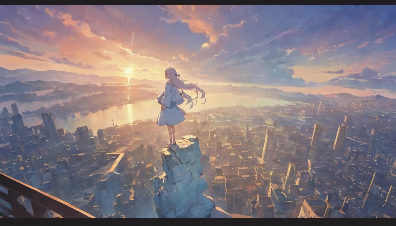 Masterpiece, Superior quality,CG, A girl stands on the edge of a cliff，long whitr hair，white  clothes，Look at the city walls in the distance，Face away from the camera，A big river，There are a lot of clouds in the sky，Mountains and seashores in the distance